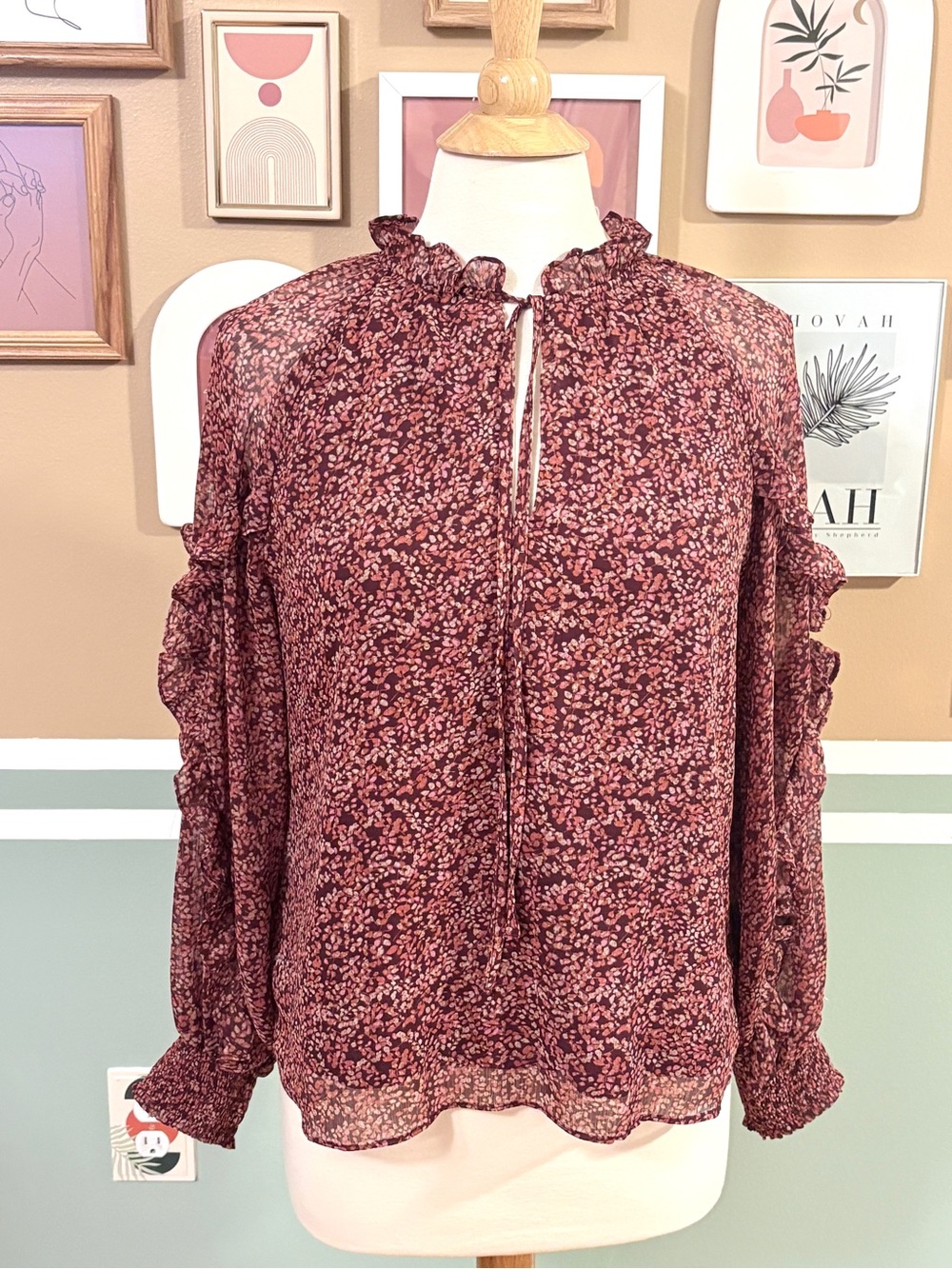 CeCe Floral Tie-Neck Long Sleeve Blouse - Burgundy Pink